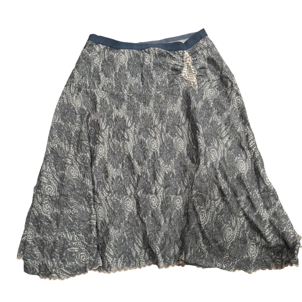 Free People Vintage Blue Grey Floral Lace Tiered Mini Skirt Sequin Large